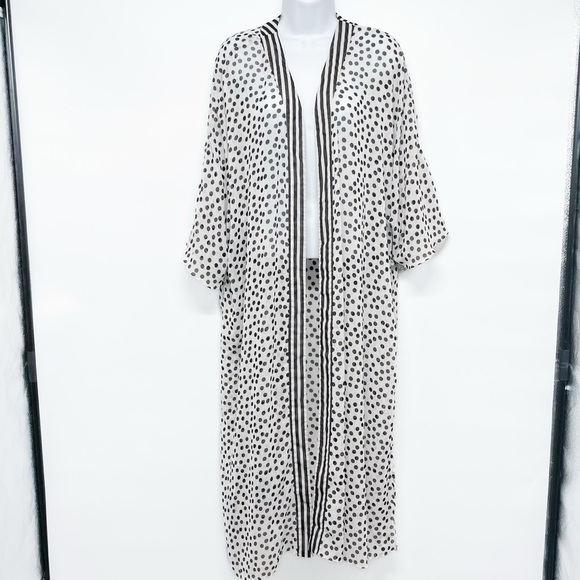 Stripe Polka Dot Print Sheer Long Open Kimono Blouse Top Duster Large XL - Picture 2 of 8